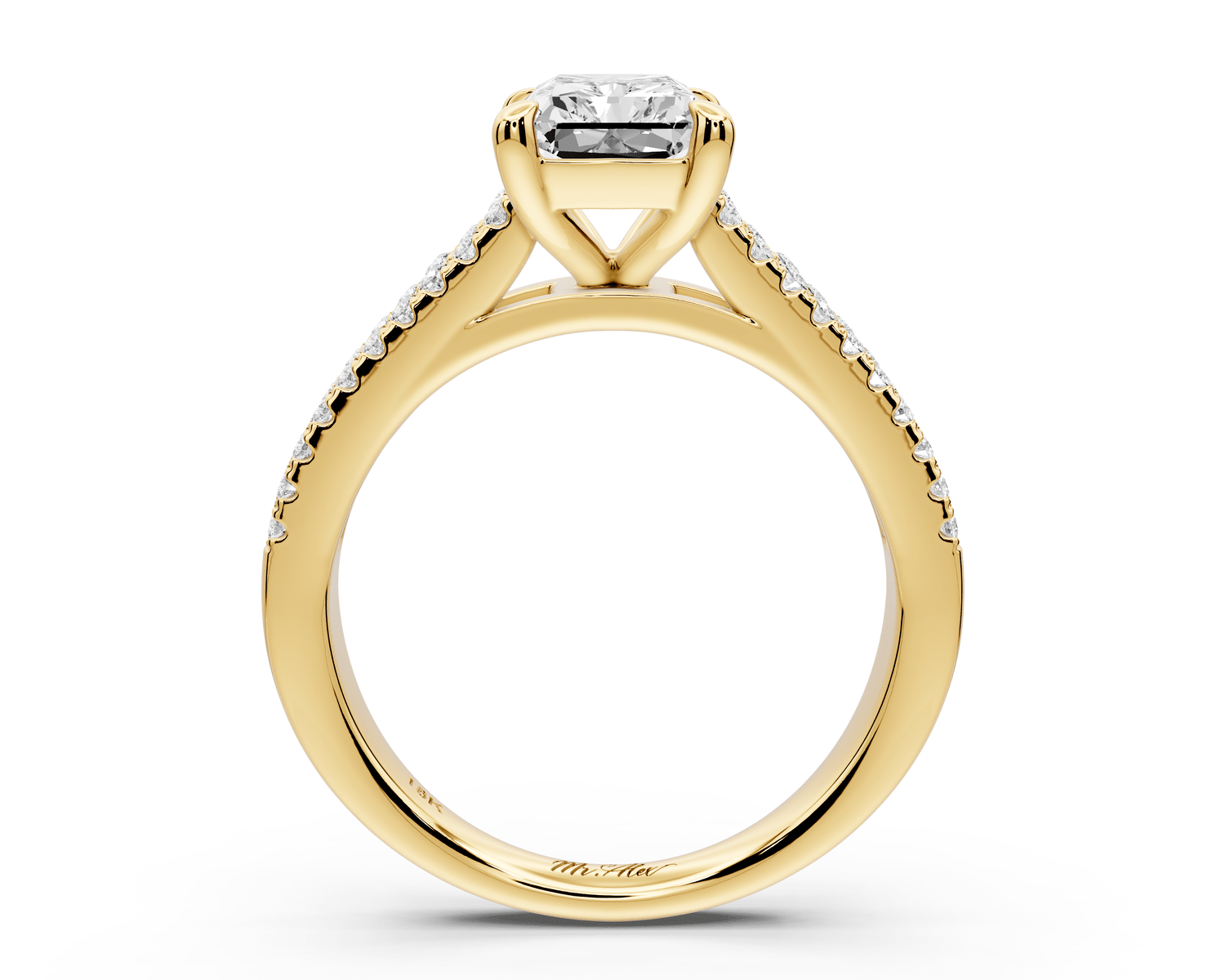 Estelle - 2ct 18k yellow gold radiant diamond with emerald and round cut accent stones half band cathedral engagement ring - Mr. Alex Jewelry