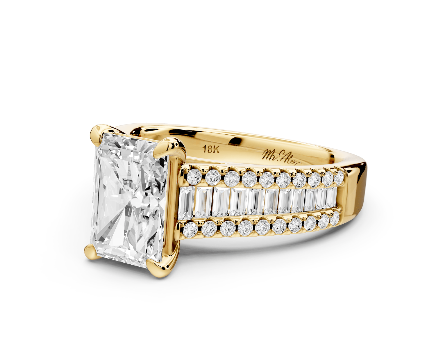 Estelle - 2ct 18k yellow gold radiant diamond with emerald and round cut accent stones half band cathedral engagement ring - Mr. Alex Jewelry