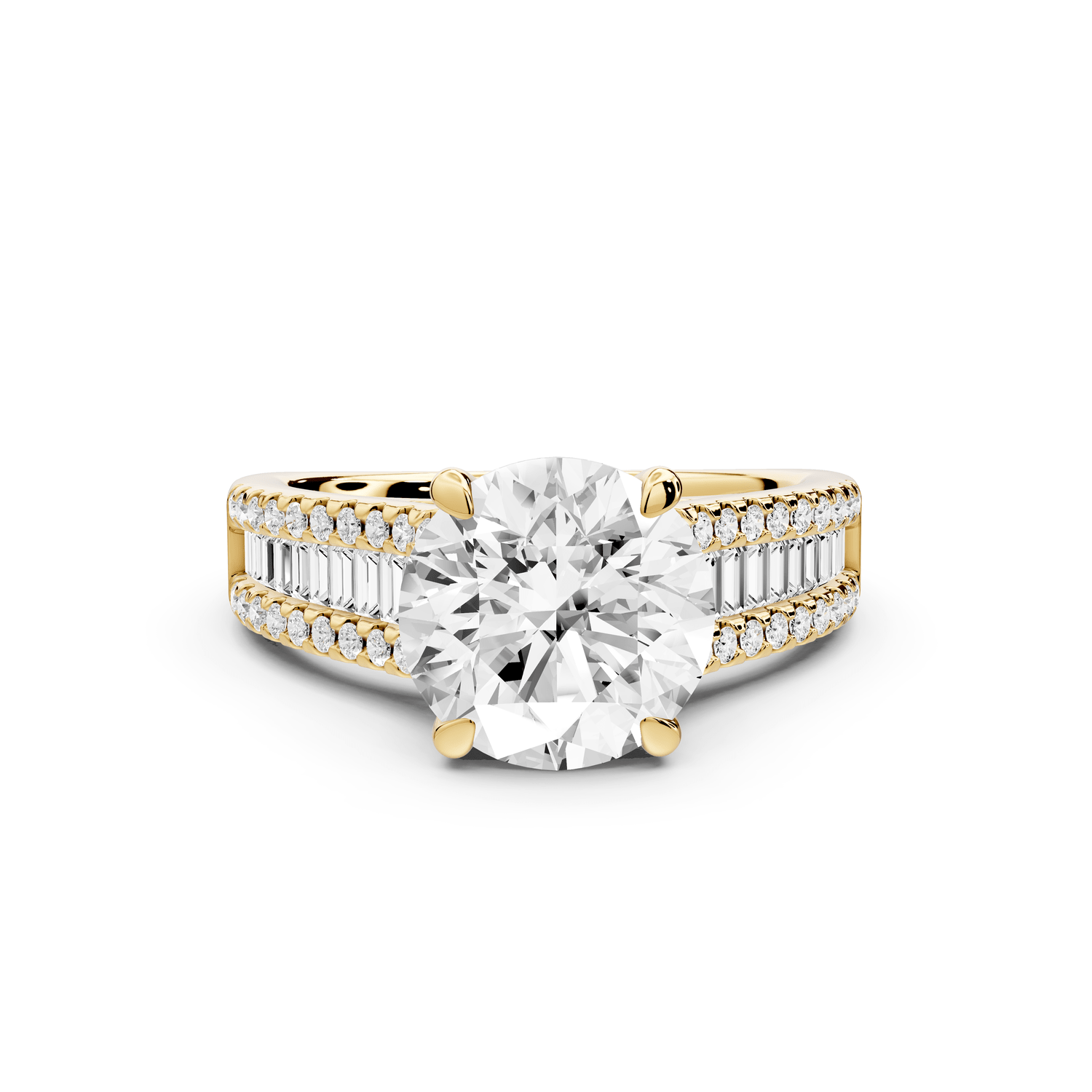 Estelle - 2ct 18k yellow gold round diamond with emerald and round cut accent stones half band cathedral engagamengt ring - Mr. Alex Jewelry