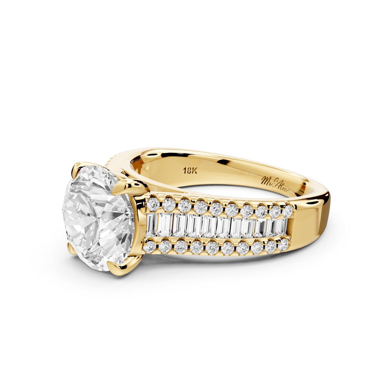 Estelle - 2ct 18k yellow gold round diamond with emerald and round cut accent stones half band cathedral engagamengt ring - Mr. Alex Jewelry