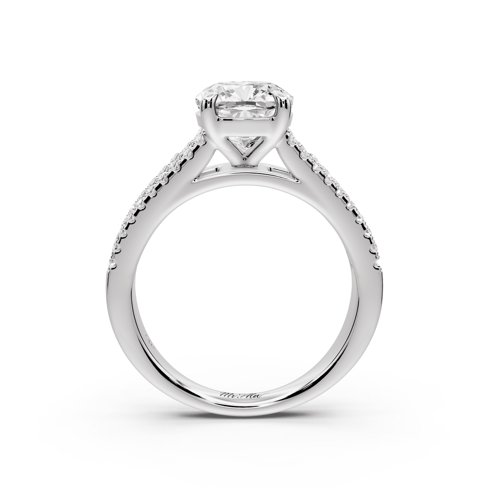 Estelle - 2ct platinum cushion diamond with emerald and round cut accent stones half band cathedral engagement ring - Mr. Alex Jewelry