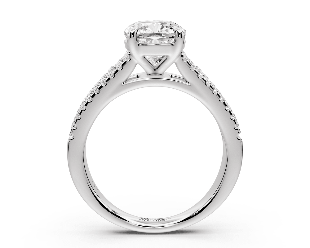 Estelle - 2ct platinum cushion diamond with emerald and round cut accent stones half band cathedral engagement ring - Mr. Alex Jewelry