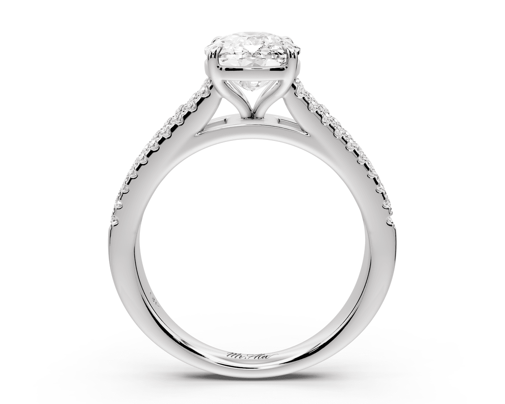 Estelle - 2ct platinum ecushion diamond with emerald and round cut accent stones half band cathedral engagement ring - Mr. Alex Jewelry
