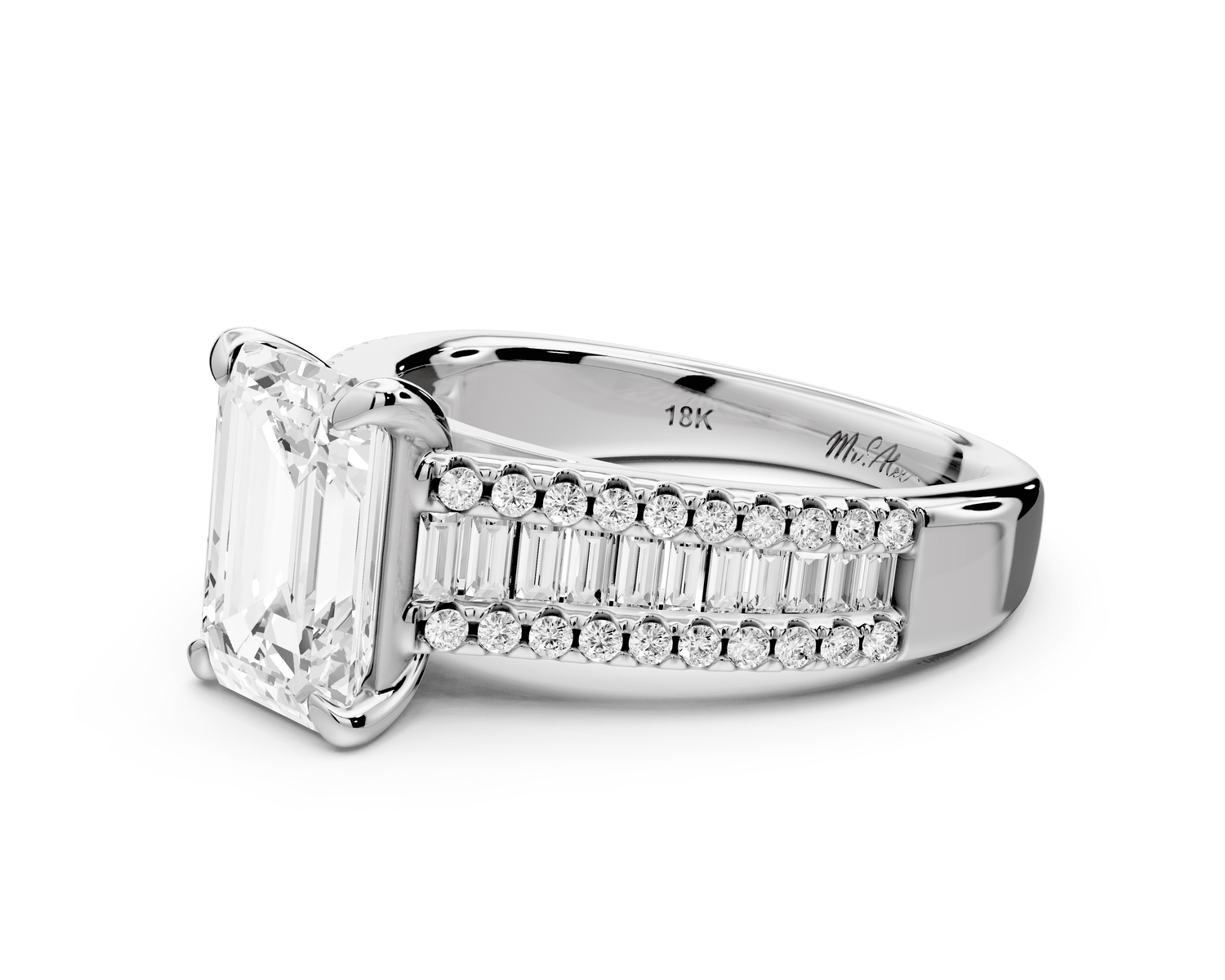 Estelle - 2ct platinum emerald diamond with emerald and round cut accent stones half band cathedral engagamengt ring - Mr. Alex Jewelry