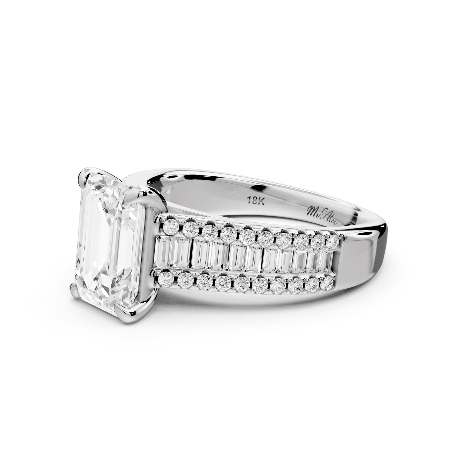 Estelle - 2ct platinum emerald diamond with emerald and round cut accent stones half band cathedral engagamengt ring - Mr. Alex Jewelry
