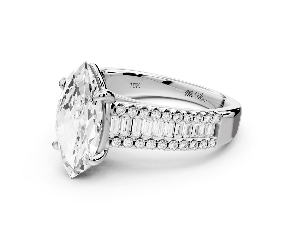 Estelle - 2ct platinum marquise diamond with emerald and round cut accent stones half band cathedral engagement ring - Mr. Alex Jewelry