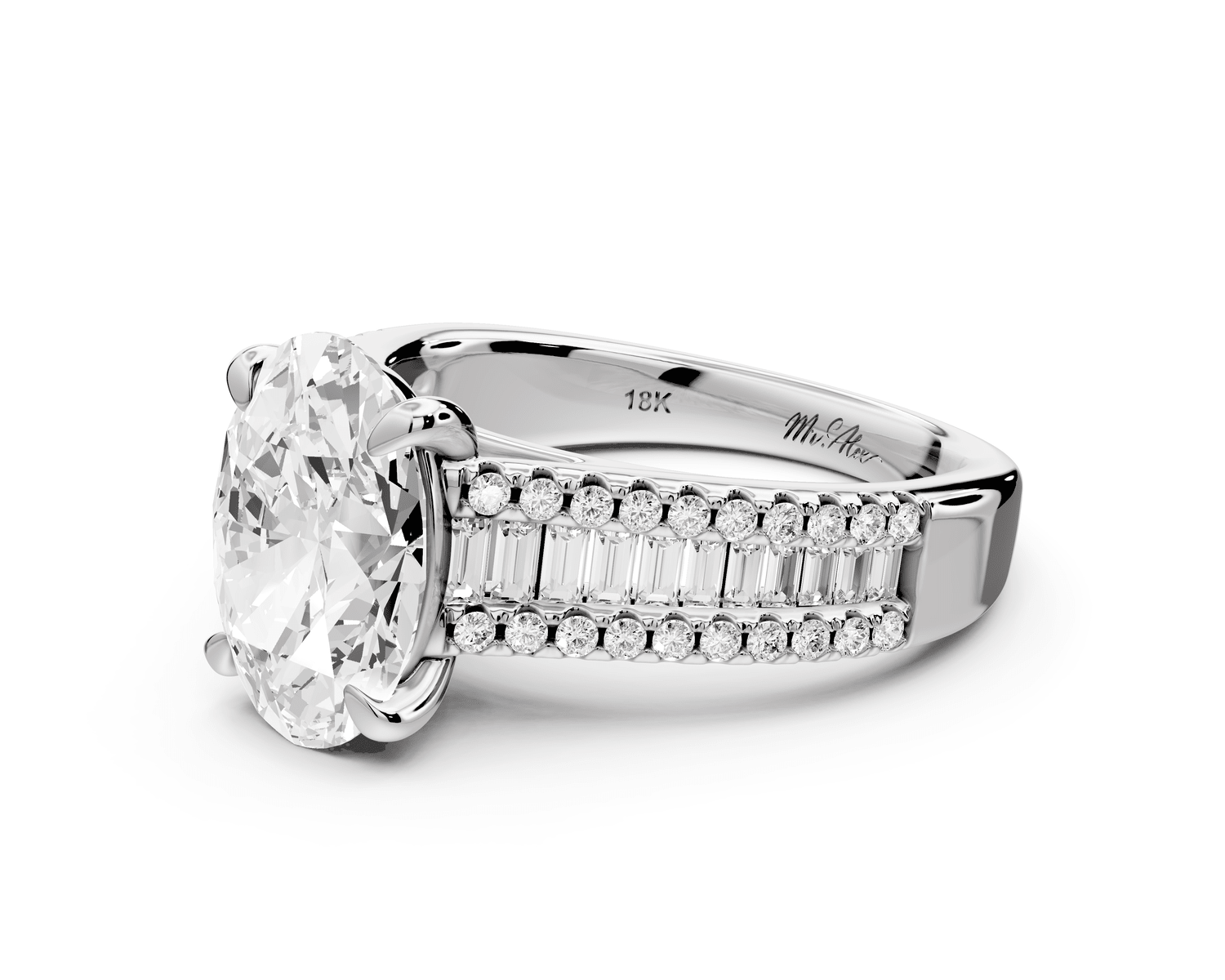 Estelle - 2ct platinum oval diamond with emerald and round cut accent stones half band cathedral engagamengt ring - Mr. Alex Jewelry