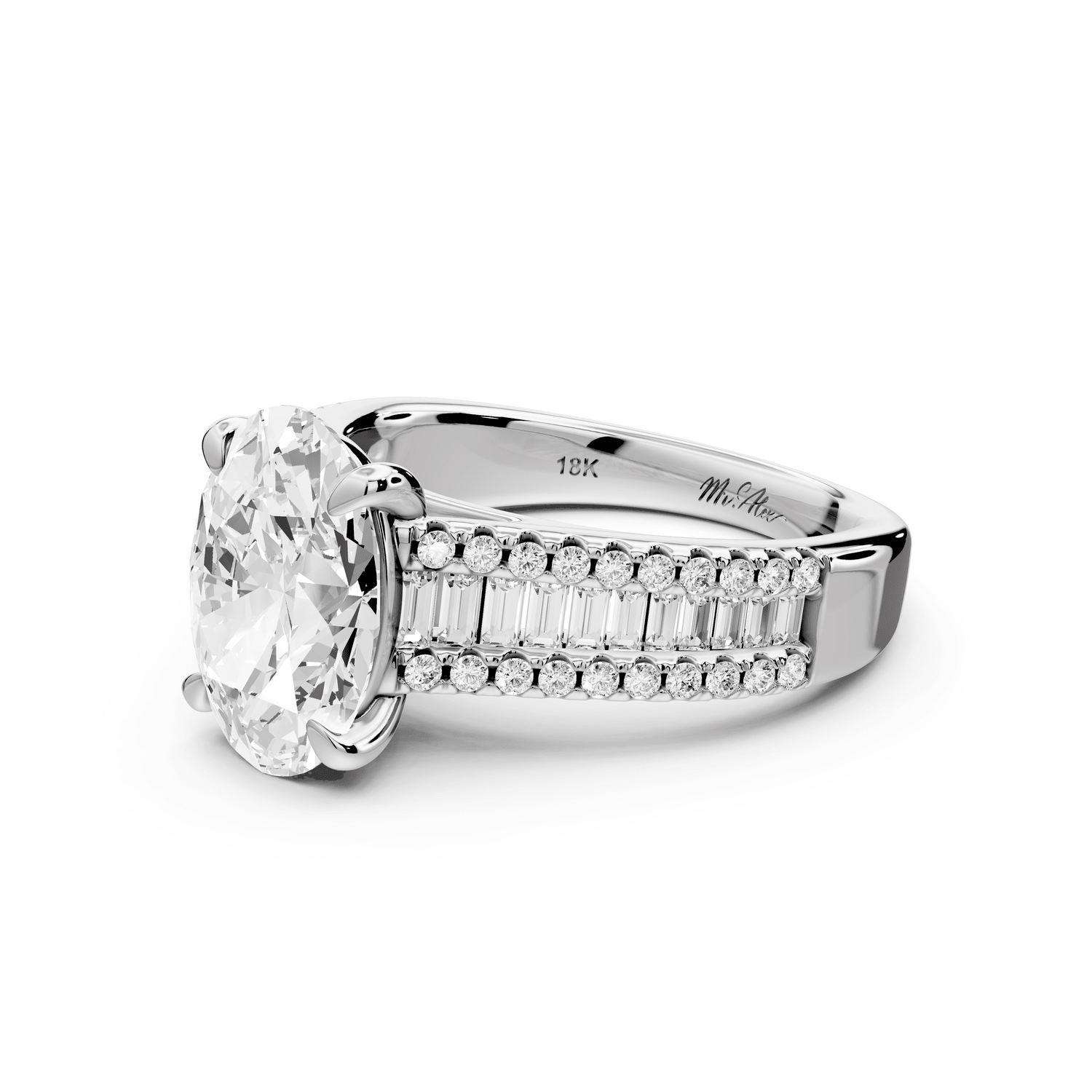 Estelle - 2ct platinum oval diamond with emerald and round cut accent stones half band cathedral engagamengt ring - Mr. Alex Jewelry