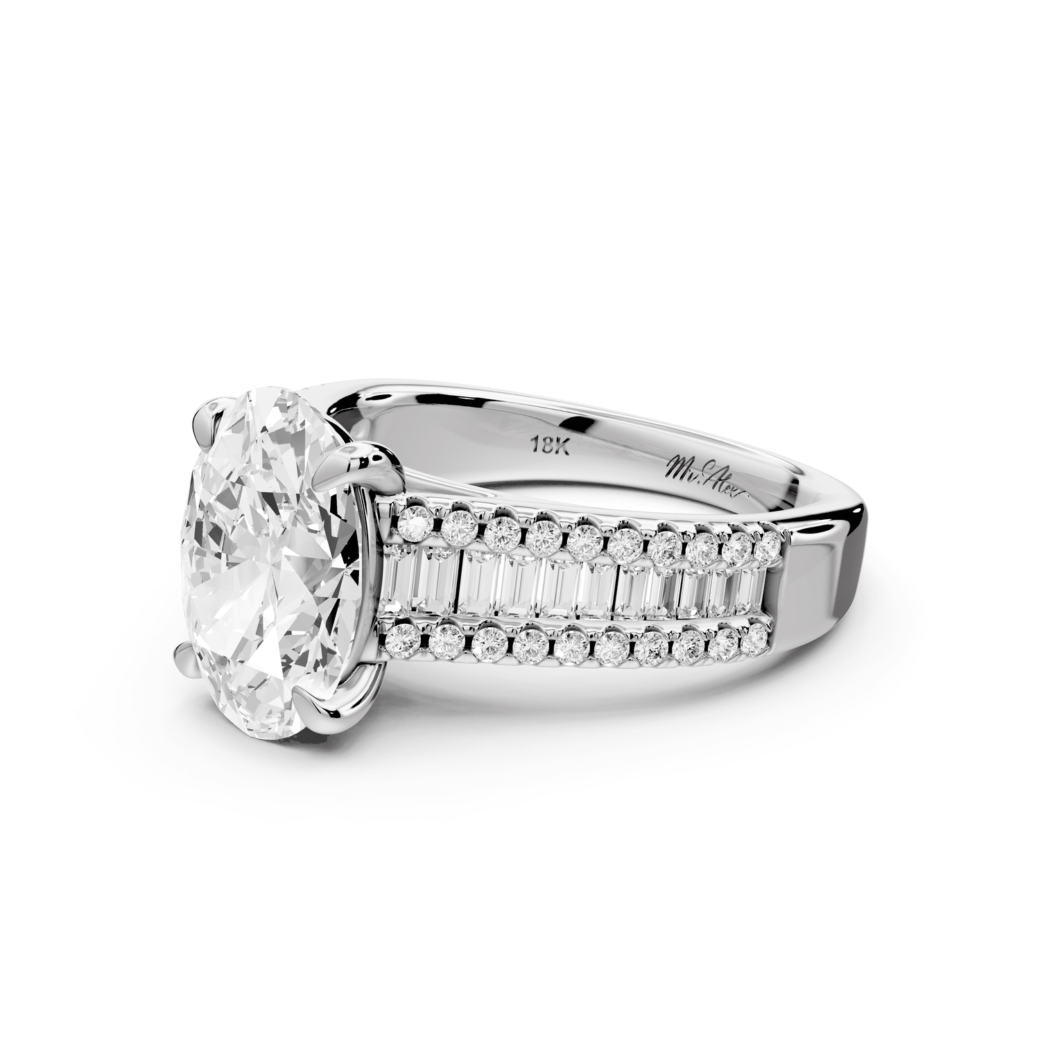 Estelle - 2ct platinum oval diamond with emerald and round cut accent stones half band cathedral engagamengt ring - Mr. Alex Jewelry