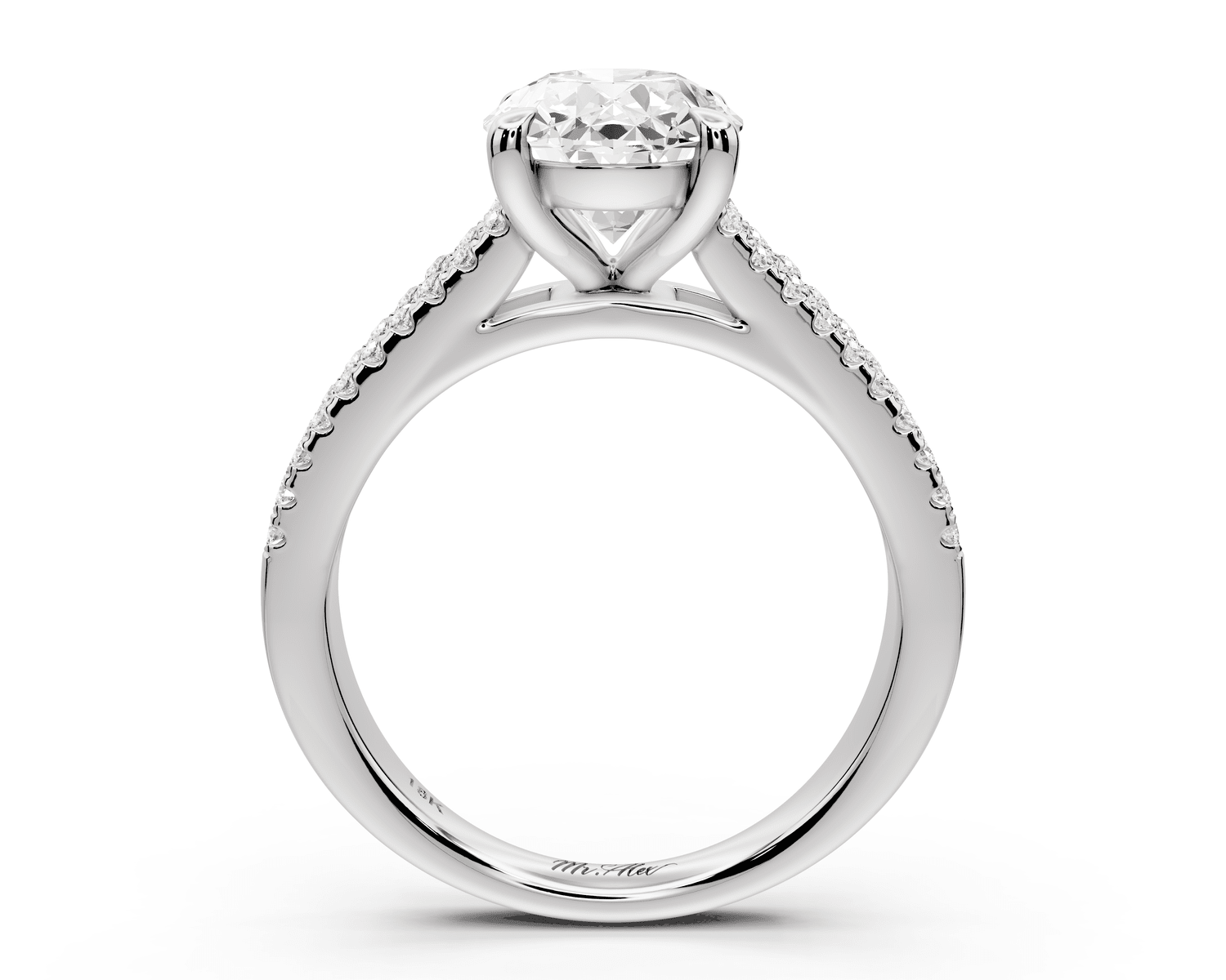 Estelle - 2ct platinum oval diamond with emerald and round cut accent stones half band cathedral engagamengt ring - Mr. Alex Jewelry