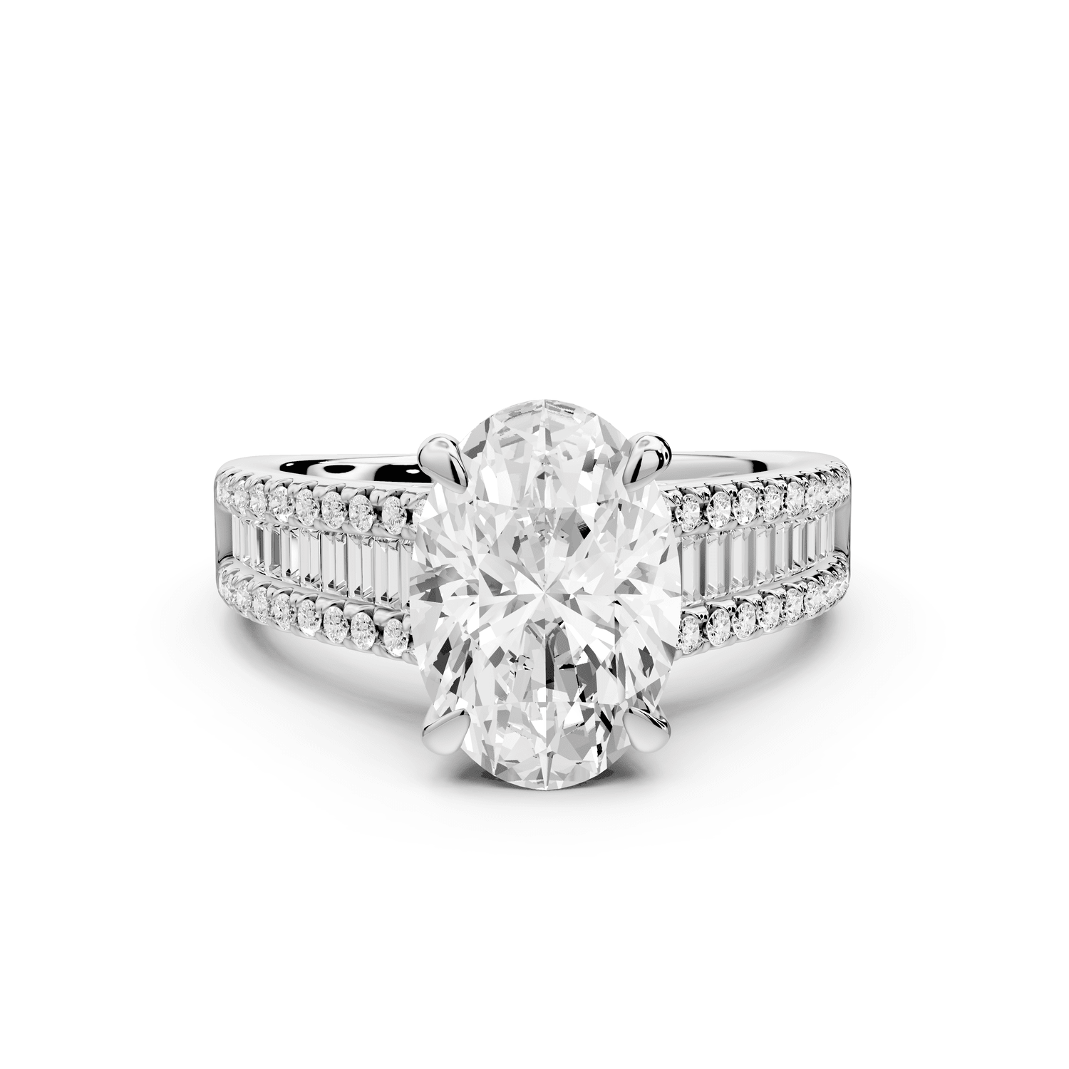 Estelle - 2ct platinum oval diamond with emerald and round cut accent stones half band cathedral engagamengt ring - Mr. Alex Jewelry