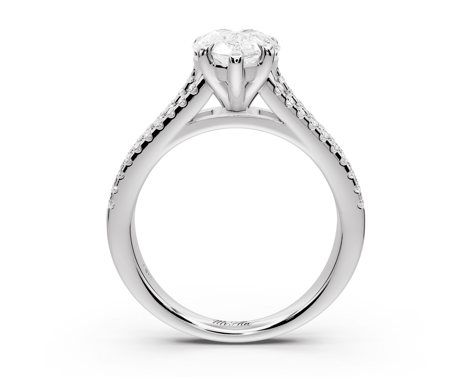 Estelle - 2ct platinum pear diamond with emerald and round cut accent stones half band cathedral engagamengt ring - Mr. Alex Jewelry