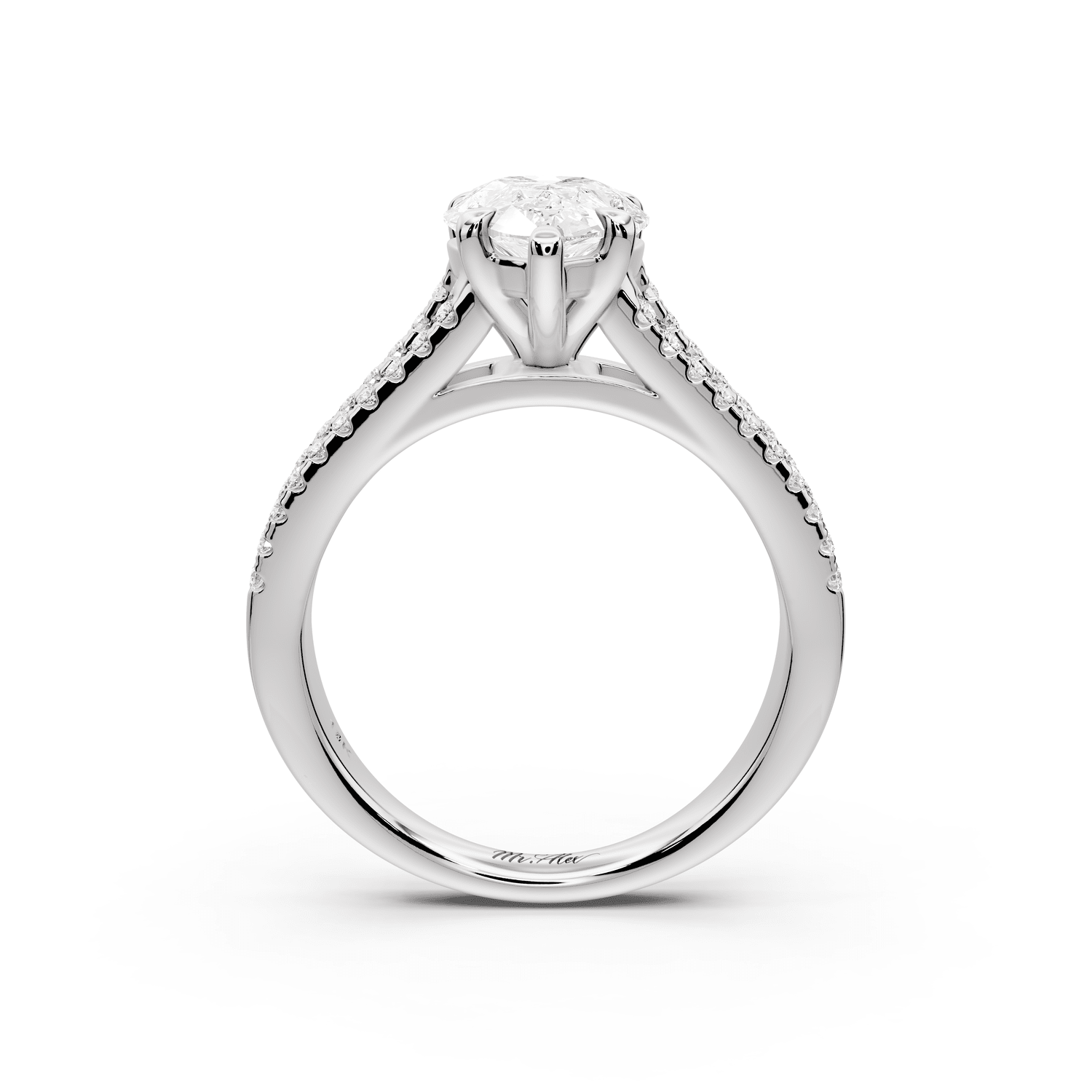 Estelle - 2ct platinum pear diamond with emerald and round cut accent stones half band cathedral engagamengt ring - Mr. Alex Jewelry