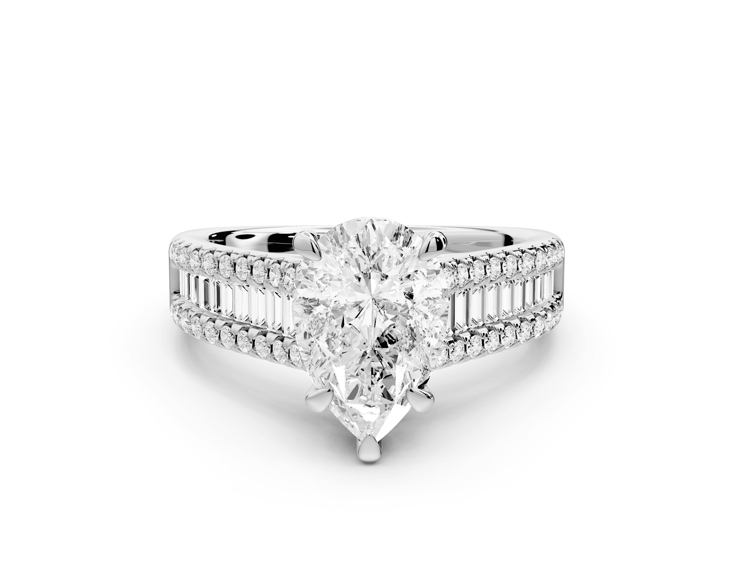Estelle - 2ct platinum pear diamond with emerald and round cut accent stones half band cathedral engagamengt ring - Mr. Alex Jewelry