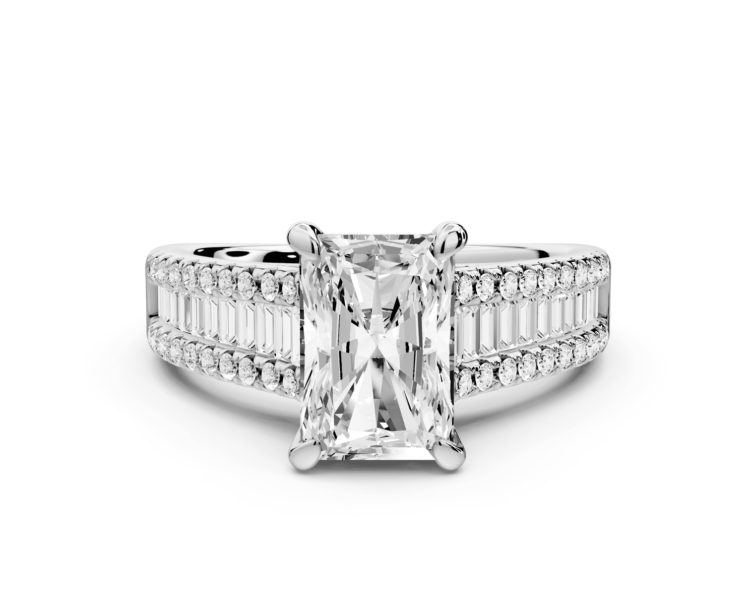Estelle - 2ct platinum radiant diamond with emerald and round cut accent stones half band cathedral engagement ring - Mr. Alex Jewelry
