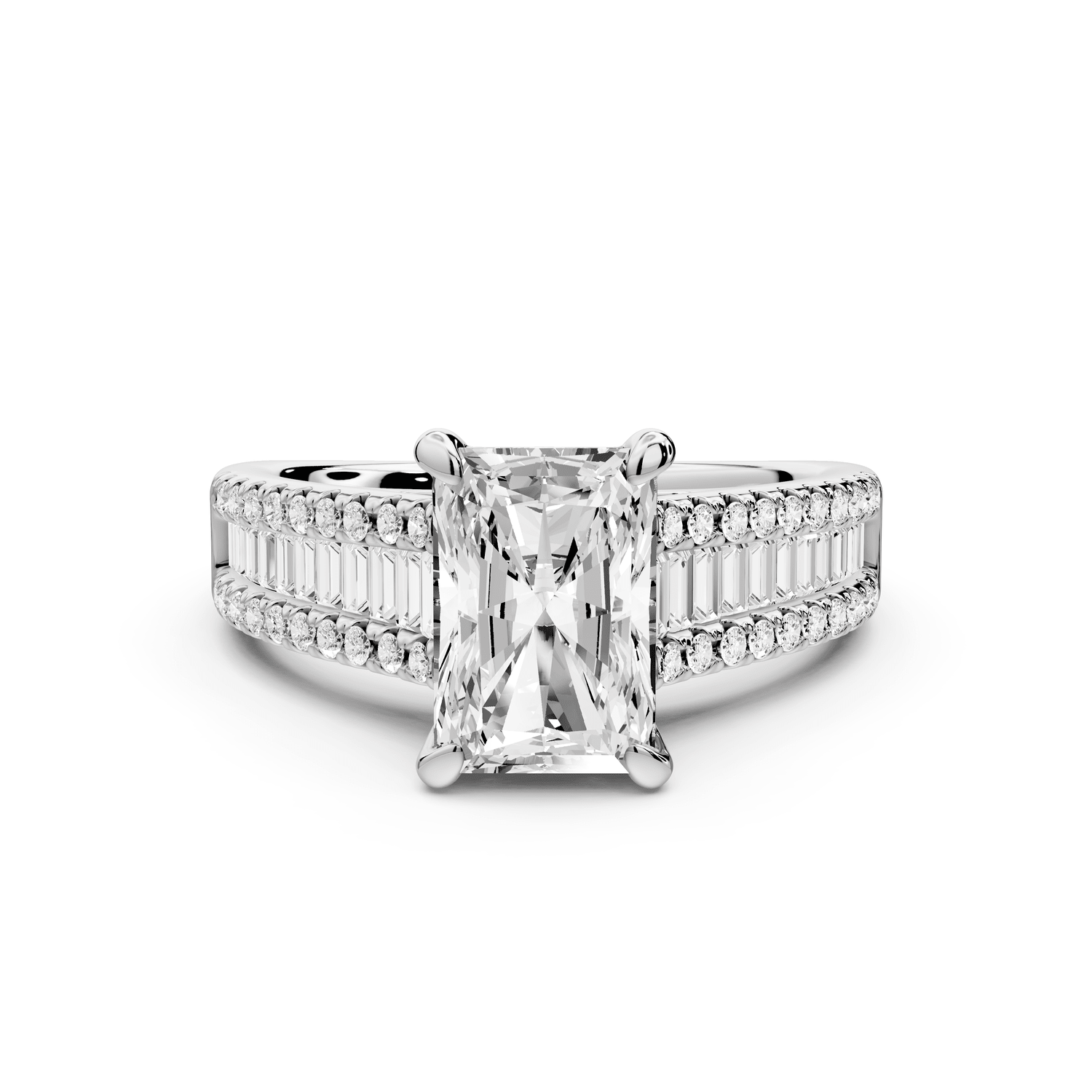 Estelle - 2ct platinum radiant diamond with emerald and round cut accent stones half band cathedral engagement ring - Mr. Alex Jewelry