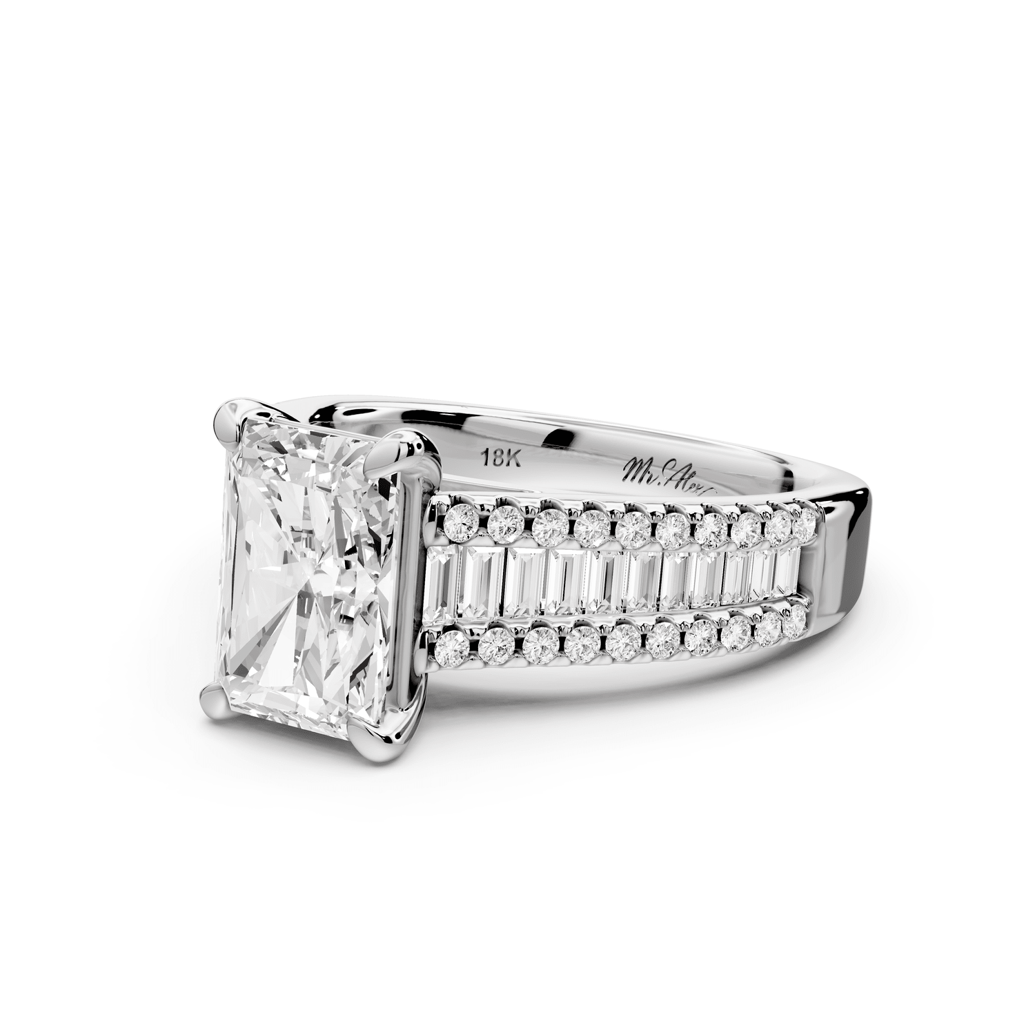 Estelle - 2ct platinum radiant diamond with emerald and round cut accent stones half band cathedral engagement ring - Mr. Alex Jewelry