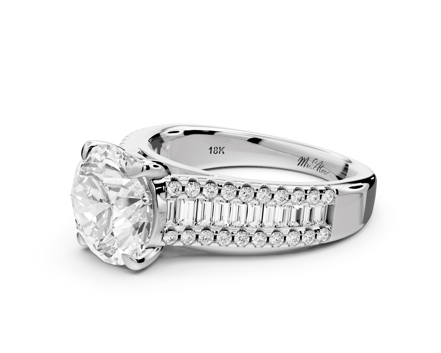Estelle - 2ct platinum round diamond with emerald and round cut accent stones half band cathedral engagamengt ring - Mr. Alex Jewelry