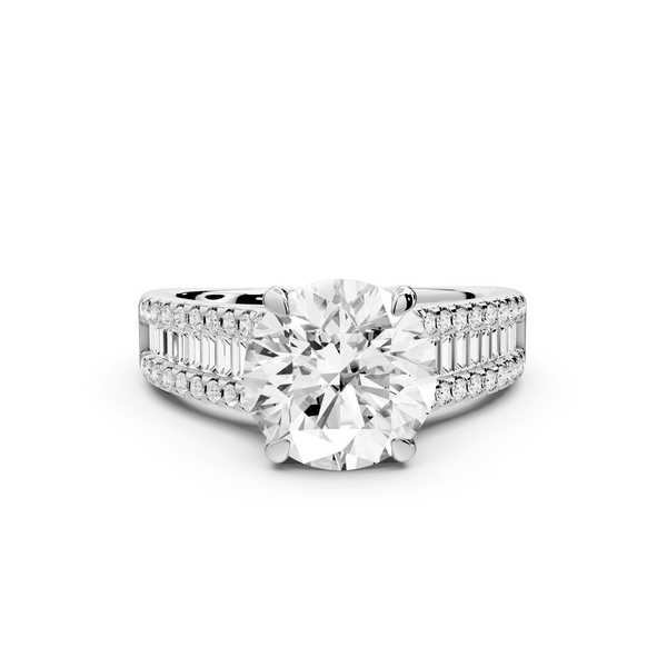Estelle - 2ct platinum round diamond with emerald and round cut accent stones half band cathedral engagamengt ring - Mr. Alex Jewelry