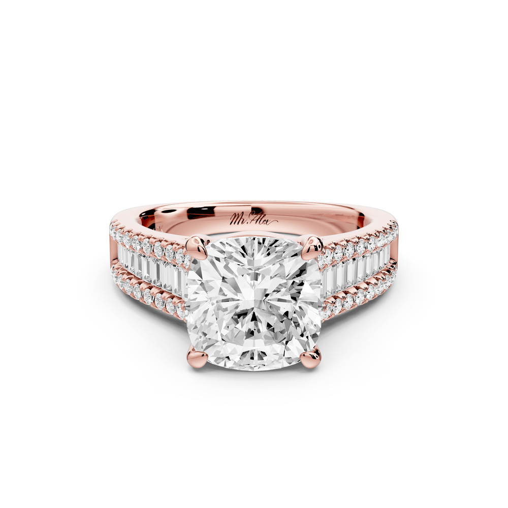 Estelle - 3ct 14k rose gold cushion diamond with emerald and round cut accent stones half band cathedral engagement ring - Mr. Alex Jewelry