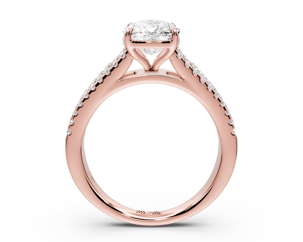 Estelle - 3ct 14k rose gold ecushion diamond with emerald and round cut accent stones half band cathedral engagement ring - Mr. Alex Jewelry