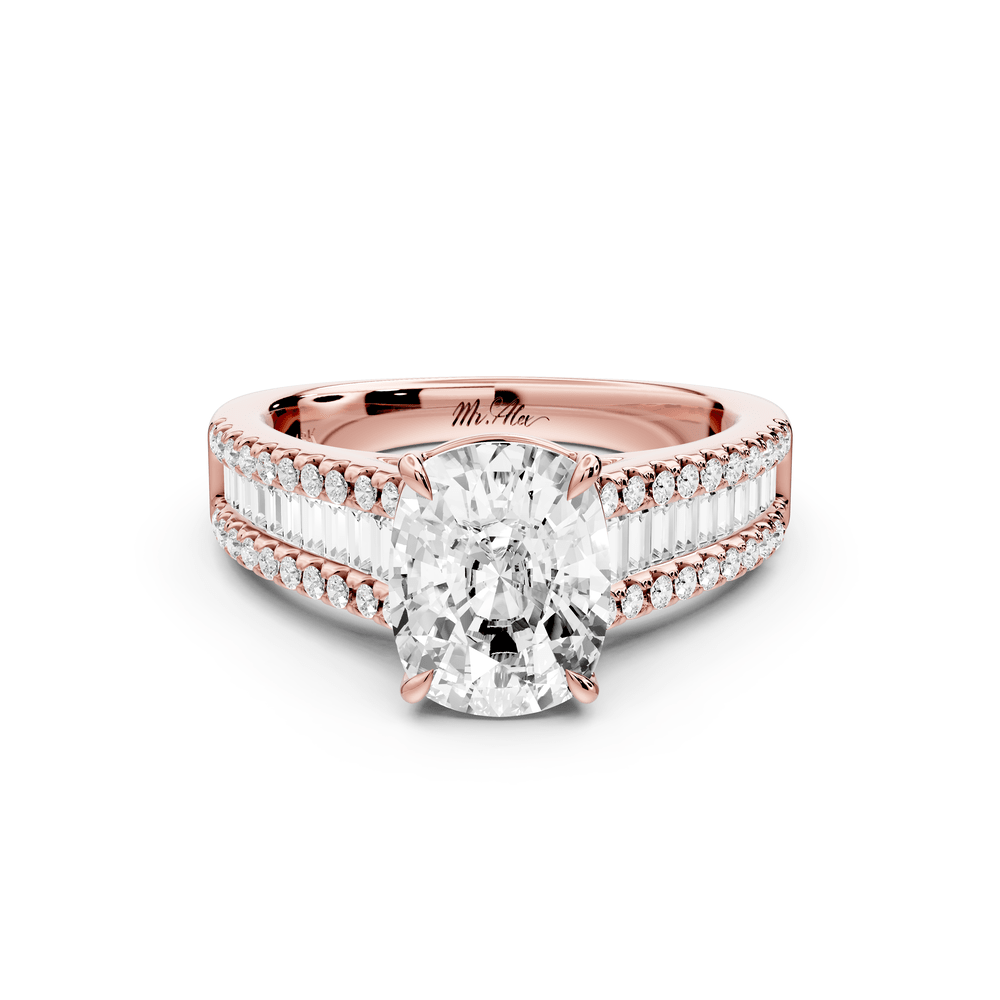 Estelle - 3ct 14k rose gold ecushion diamond with emerald and round cut accent stones half band cathedral engagement ring - Mr. Alex Jewelry