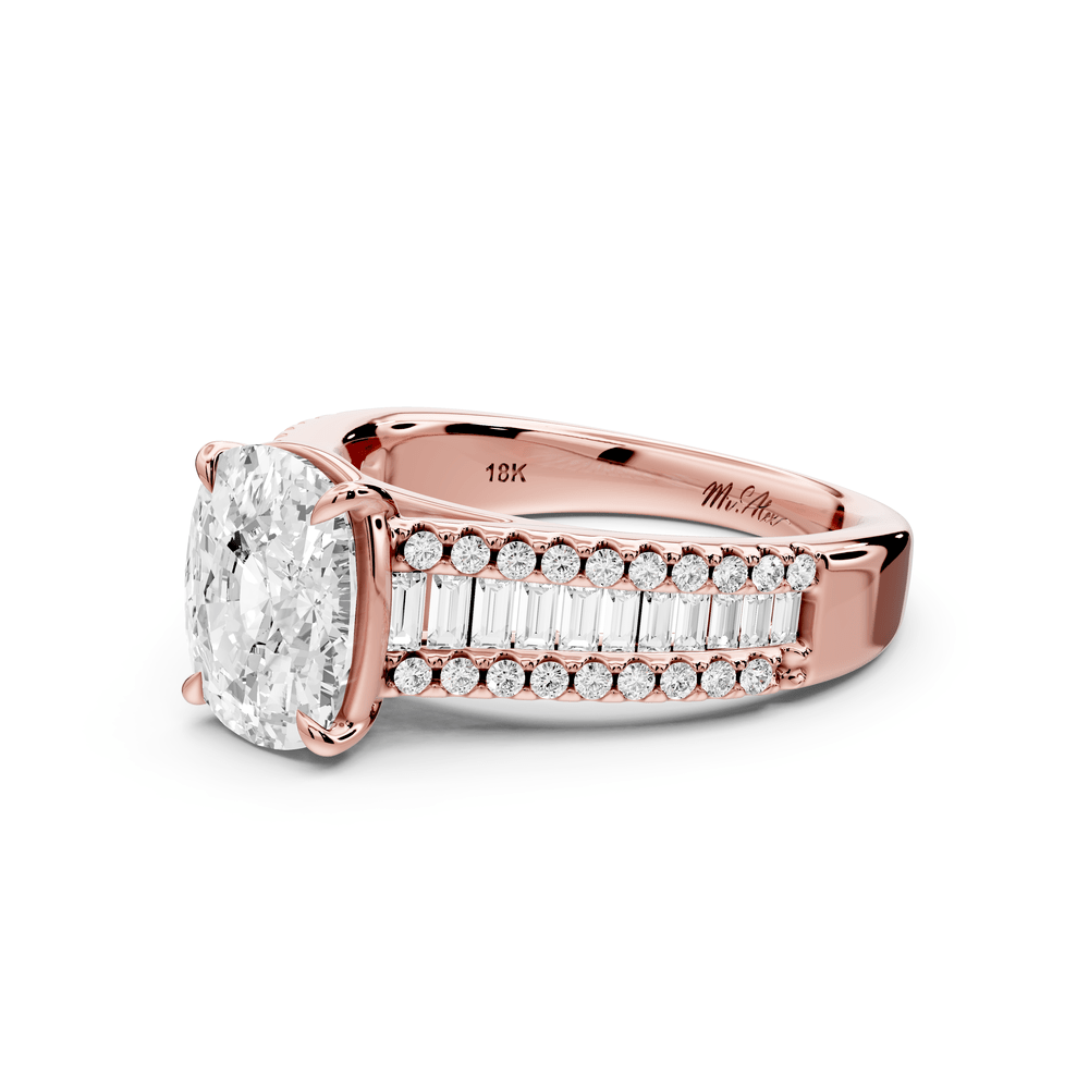 Estelle - 3ct 14k rose gold ecushion diamond with emerald and round cut accent stones half band cathedral engagement ring - Mr. Alex Jewelry