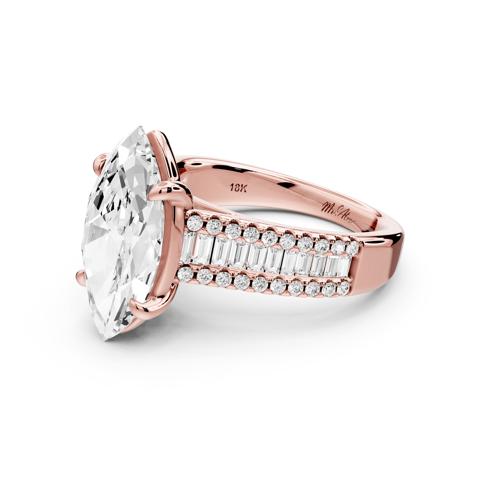 Estelle - 3ct 14k rose gold marquise diamond with emerald and round cut accent stones half band cathedral engagement ring - Mr. Alex Jewelry