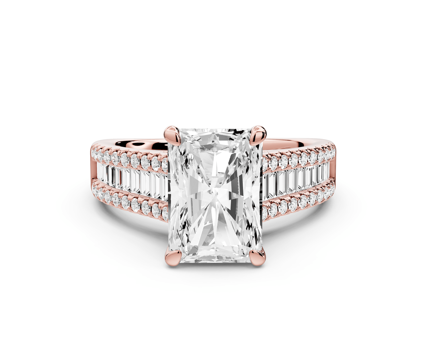 Estelle - 3ct 14k rose gold radiant diamond with emerald and round cut accent stones half band cathedral engagement ring - Mr. Alex Jewelry
