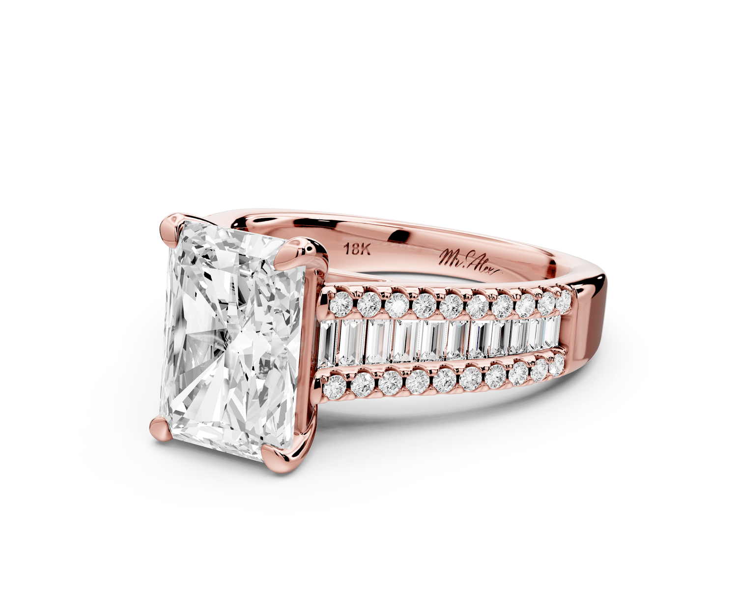 Estelle - 3ct 14k rose gold radiant diamond with emerald and round cut accent stones half band cathedral engagement ring - Mr. Alex Jewelry