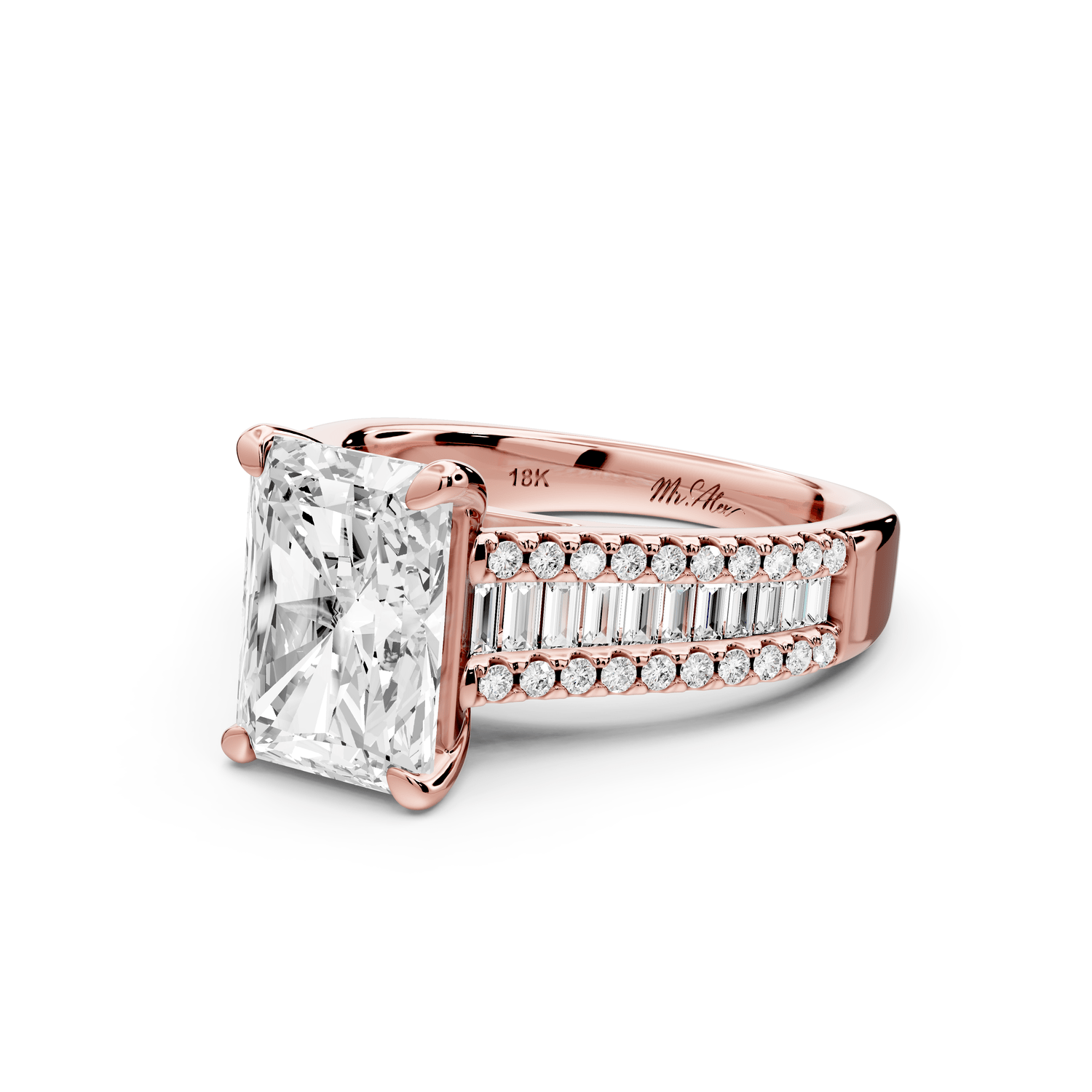 Estelle - 3ct 14k rose gold radiant diamond with emerald and round cut accent stones half band cathedral engagement ring - Mr. Alex Jewelry