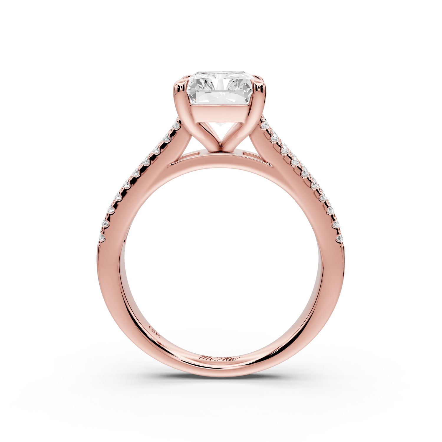 Estelle - 3ct 14k rose gold radiant diamond with emerald and round cut accent stones half band cathedral engagement ring - Mr. Alex Jewelry