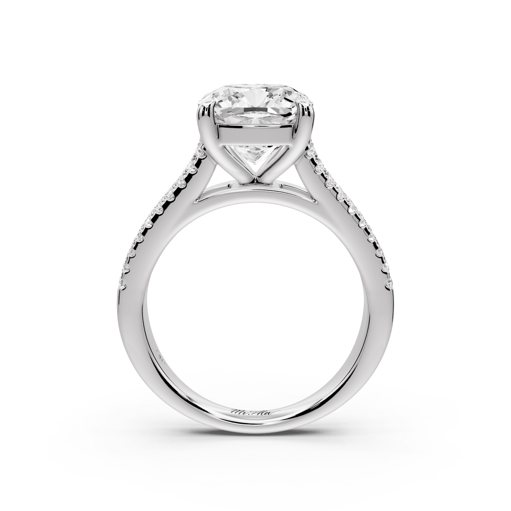 Estelle - 3ct 14k white gold cushion diamond with emerald and round cut accent stones half band cathedral engagement ring - Mr. Alex Jewelry