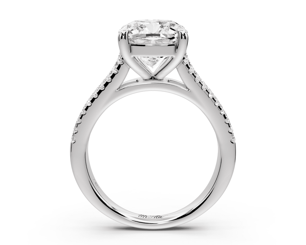 Estelle - 3ct 14k white gold cushion diamond with emerald and round cut accent stones half band cathedral engagement ring - Mr. Alex Jewelry