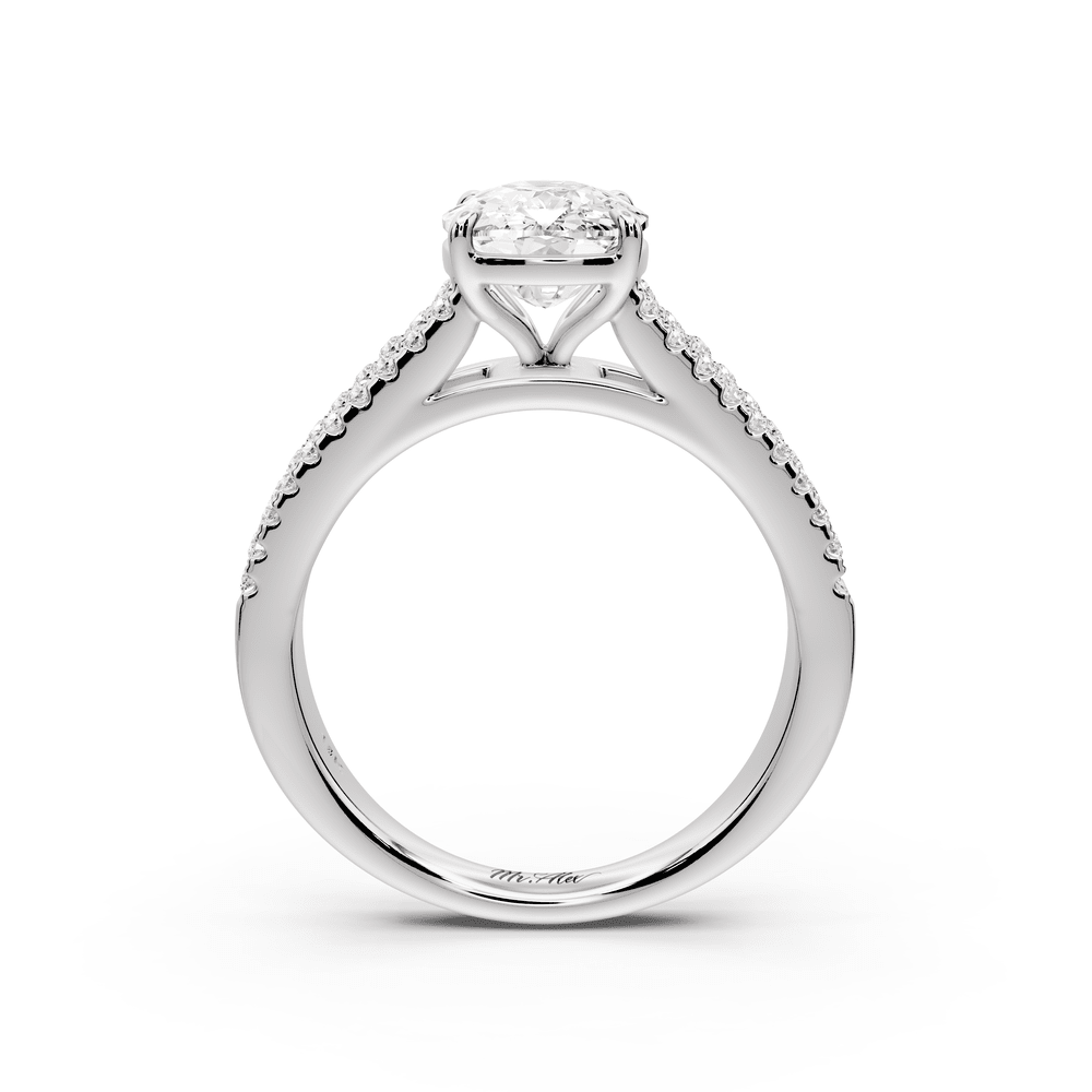 Estelle - 3ct 14k white gold ecushion diamond with emerald and round cut accent stones half band cathedral engagement ring - Mr. Alex Jewelry