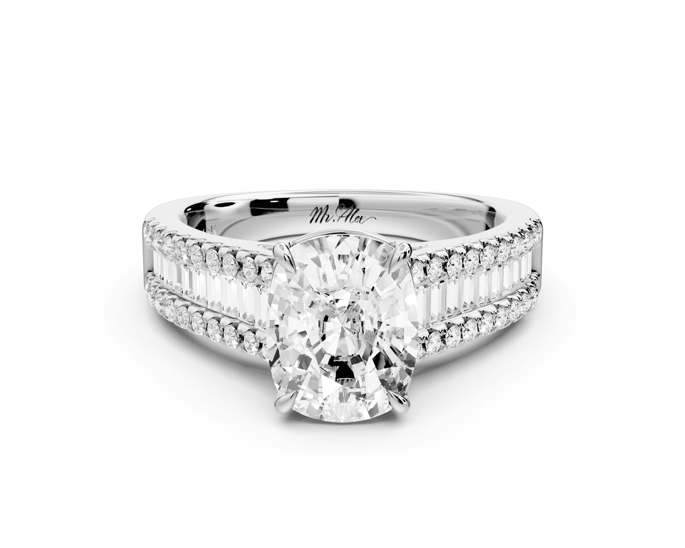 Estelle - 3ct 14k white gold ecushion diamond with emerald and round cut accent stones half band cathedral engagement ring - Mr. Alex Jewelry