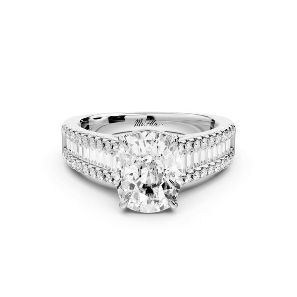Estelle - 3ct 14k white gold ecushion diamond with emerald and round cut accent stones half band cathedral engagement ring - Mr. Alex Jewelry