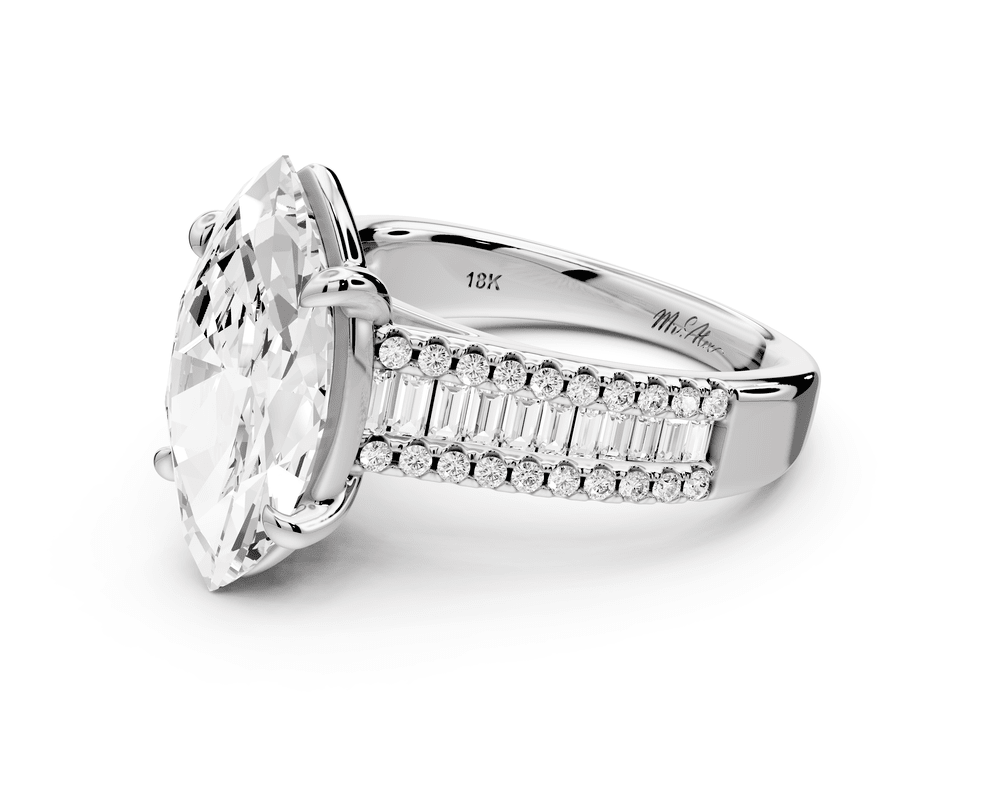 Estelle - 3ct 14k white gold marquise diamond with emerald and round cut accent stones half band cathedral engagement ring - Mr. Alex Jewelry