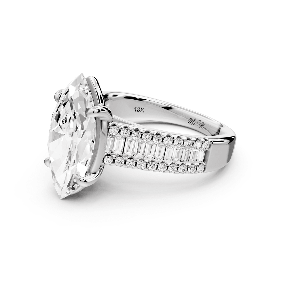 Estelle - 3ct 14k white gold marquise diamond with emerald and round cut accent stones half band cathedral engagement ring - Mr. Alex Jewelry