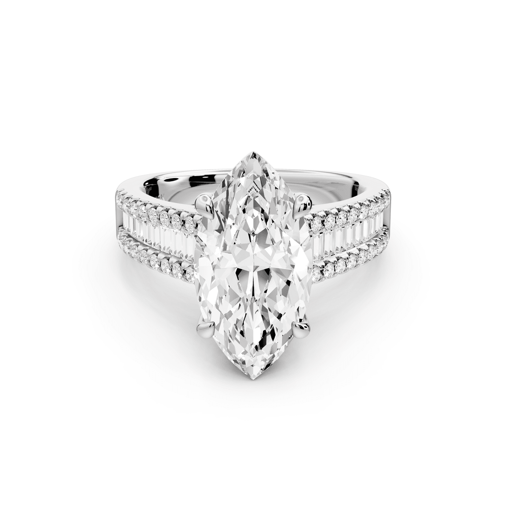 Estelle - 3ct 14k white gold marquise diamond with emerald and round cut accent stones half band cathedral engagement ring - Mr. Alex Jewelry