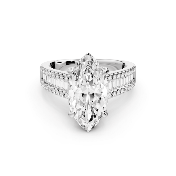 Estelle - 3ct 14k white gold marquise diamond with emerald and round cut accent stones half band cathedral engagement ring - Mr. Alex Jewelry