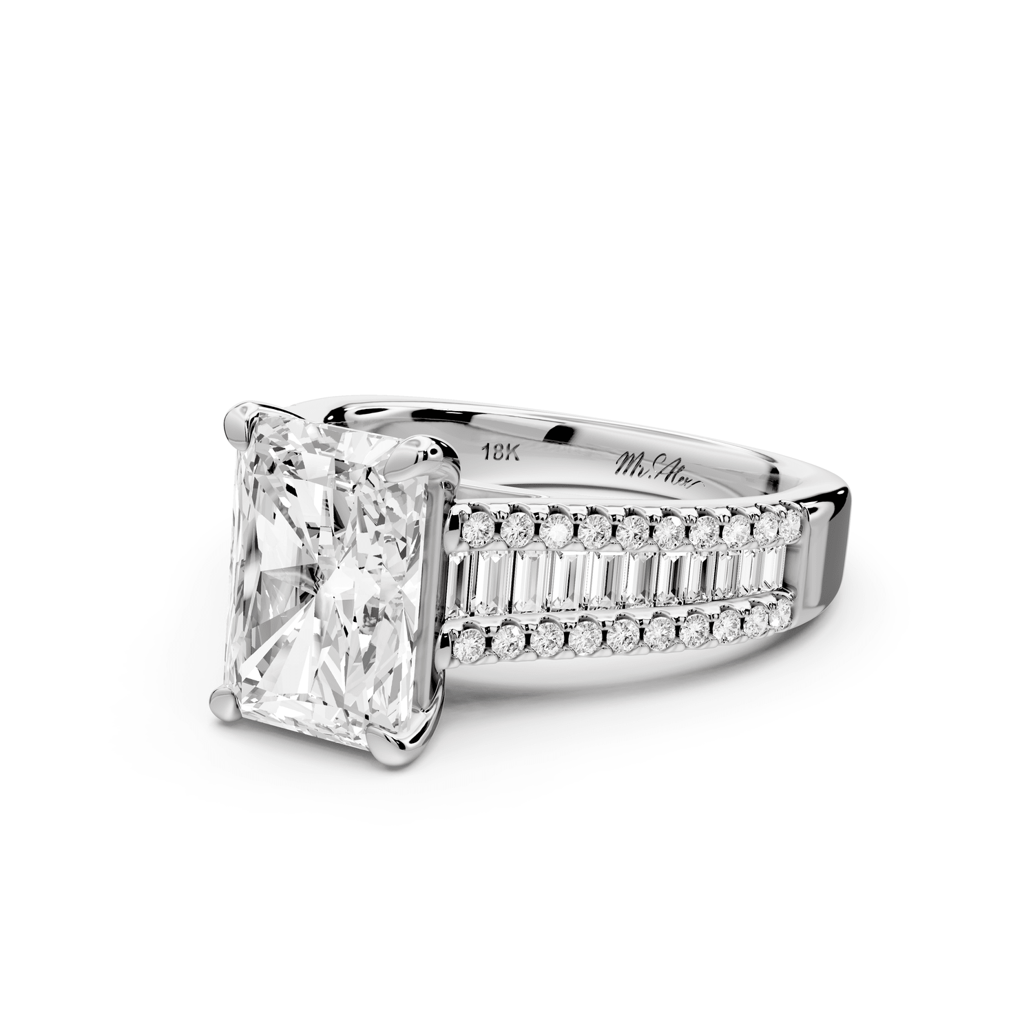 Estelle - 3ct 14k white gold radiant diamond with emerald and round cut accent stones half band cathedral engagement ring - Mr. Alex Jewelry