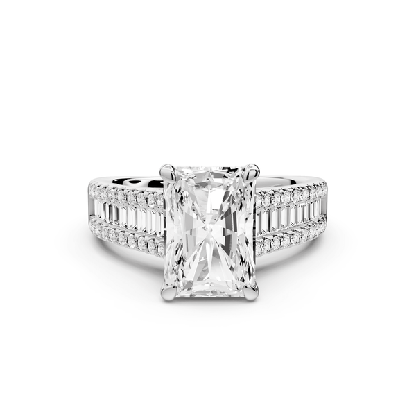 Estelle - 3ct 14k white gold radiant diamond with emerald and round cut accent stones half band cathedral engagement ring - Mr. Alex Jewelry