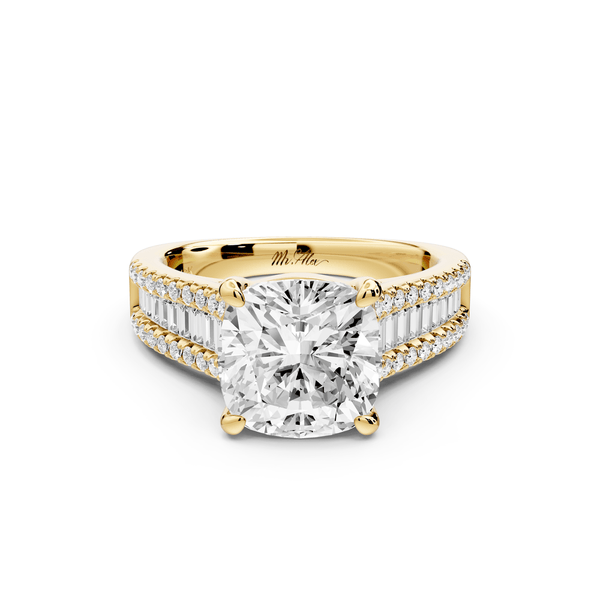Estelle - 3ct 14k yellow gold cushion diamond with emerald and round cut accent stones half band cathedral engagement ring - Mr. Alex Jewelry