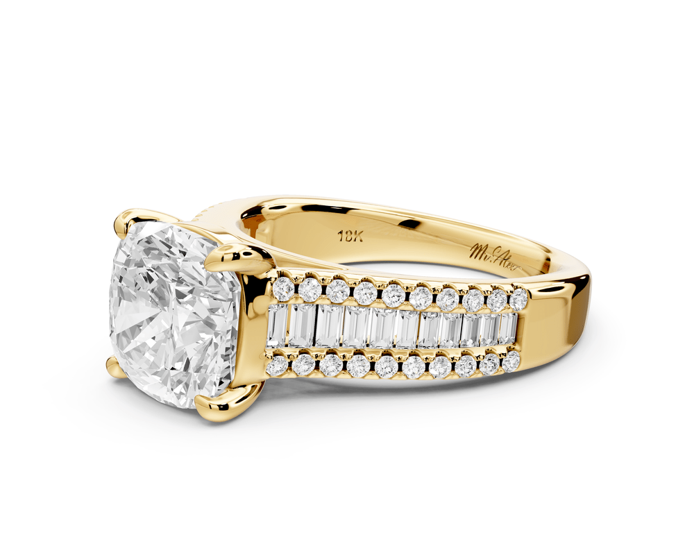 Estelle - 3ct 14k yellow gold cushion diamond with emerald and round cut accent stones half band cathedral engagement ring - Mr. Alex Jewelry