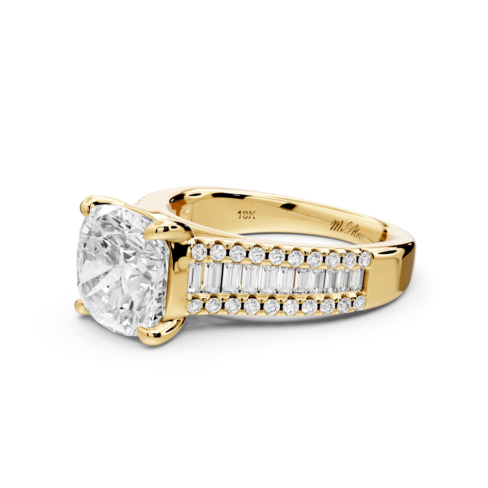 Estelle - 3ct 14k yellow gold cushion diamond with emerald and round cut accent stones half band cathedral engagement ring - Mr. Alex Jewelry