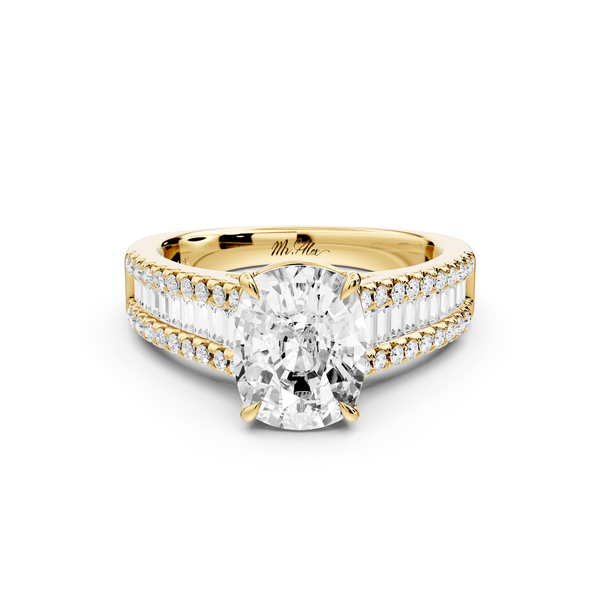 Estelle - 3ct 14k yellow gold ecushion diamond with emerald and round cut accent stones half band cathedral engagement ring - Mr. Alex Jewelry