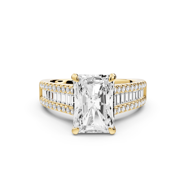 Estelle - 3ct 14k yellow gold radiant diamond with emerald and round cut accent stones half band cathedral engagement ring - Mr. Alex Jewelry