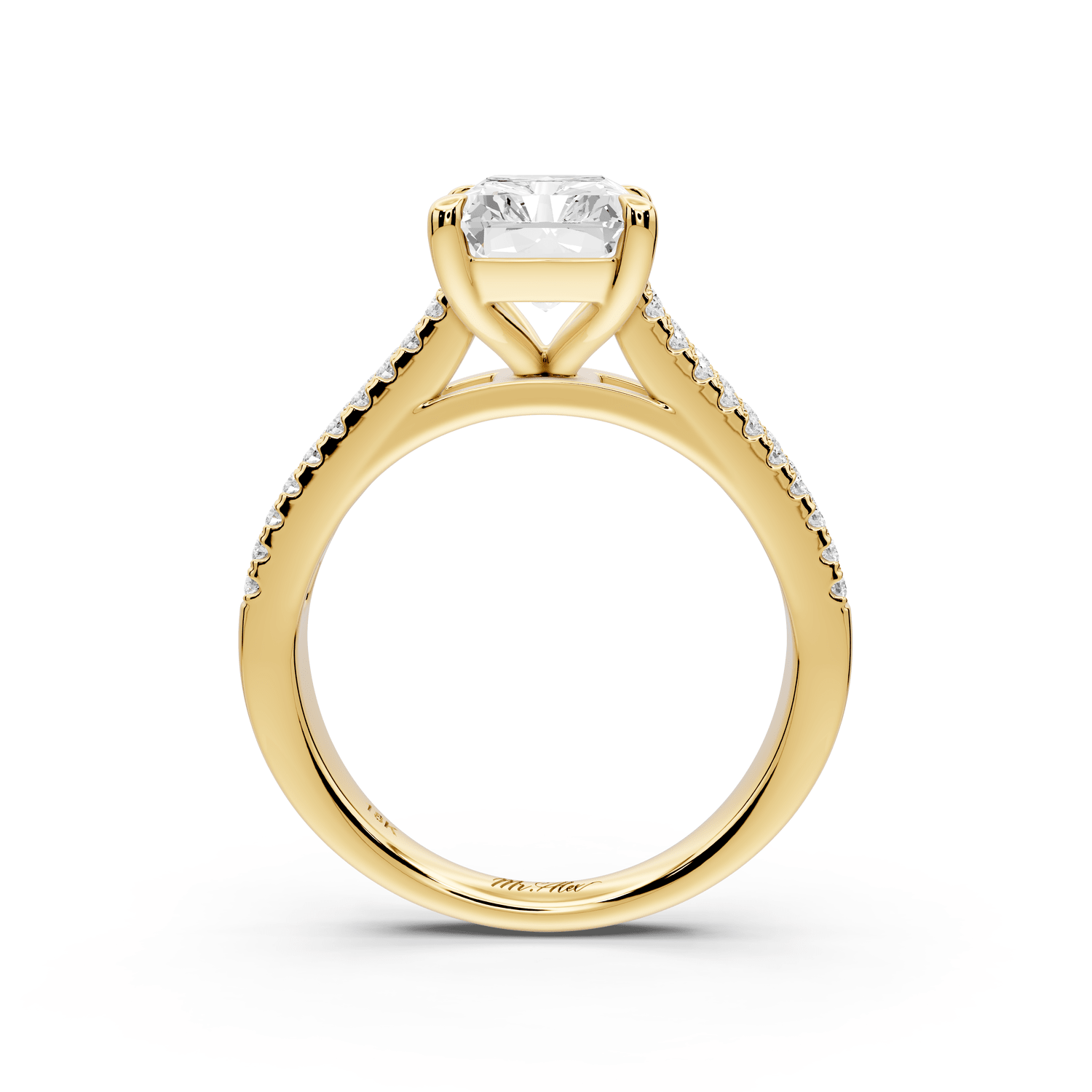 Estelle - 3ct 14k yellow gold radiant diamond with emerald and round cut accent stones half band cathedral engagement ring - Mr. Alex Jewelry