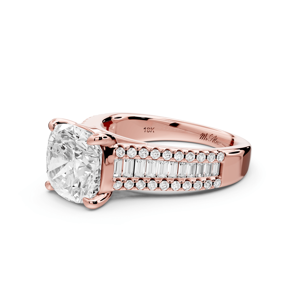 Estelle - 3ct 18k rose gold cushion diamond with emerald and round cut accent stones half band cathedral engagement ring - Mr. Alex Jewelry